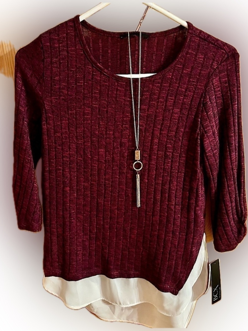 BCX NWT Junior XS Bordeaux Ribbed Sweater Tassel Necklace White Chiffon Layered